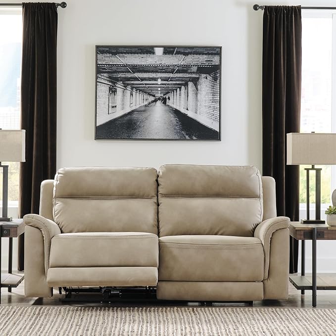 Signature Design by Ashley Next-Gen DuraPella Power Reclining Sofa with Adjustable Headrest, USB, Extended Ottoman, Faux Leather, 80" W x 42" D x 42" H, Beige Sand
