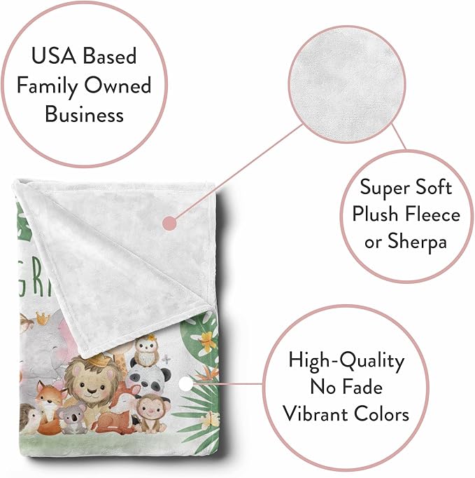 Personalized Baby Blankets with Name | Custom Woodland Newborn Blanket for Baby Girl and Baby Boy | Unisex Warm Soft Fleece Swaddle Blanket Minky | (Group Animals, Fleece 60"x80")