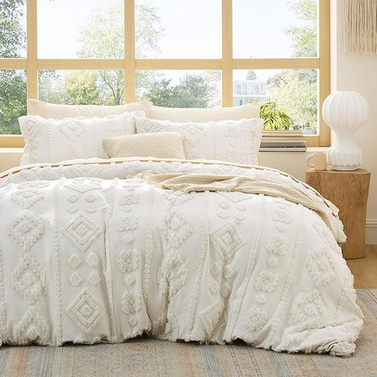 Bedsure Boho Duvet Cover King - White Tufted Boho Bedding, Farmhouse Shabby Chic Embroidery Bedding for All Seasons, 3 Pieces, 1 Soft Jacquard King Comforter Cover and 2 Pillow Shams