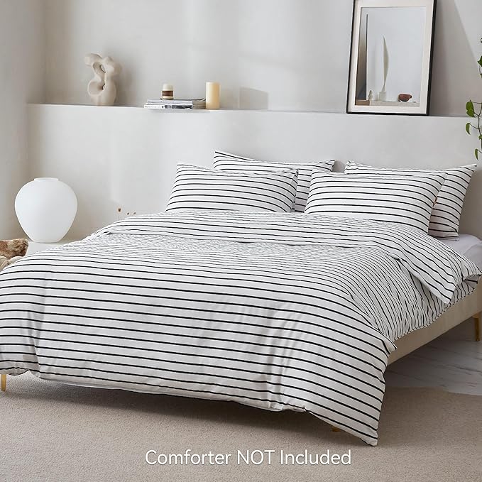 JELLYMONI 100% Natural Cotton 3pcs Striped Duvet Cover Sets, White Duvet Cover with Thick Black Stripes Pattern Printed Comforter Cover, with Zipper Closure & Corner Ties(Full Size)