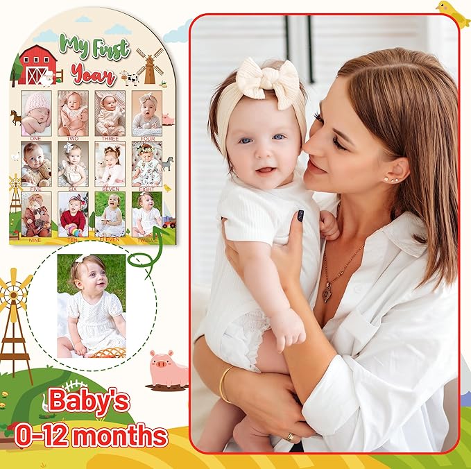 R HORSE My First Year Photo Display Wood Board - Baby’s First Year Picture Frame, 12 Months Milestone Board, 3D Farm Themed Neutral Baby Keepsake Gift One Year Old Birthday Nursery Decor for Girl Boy