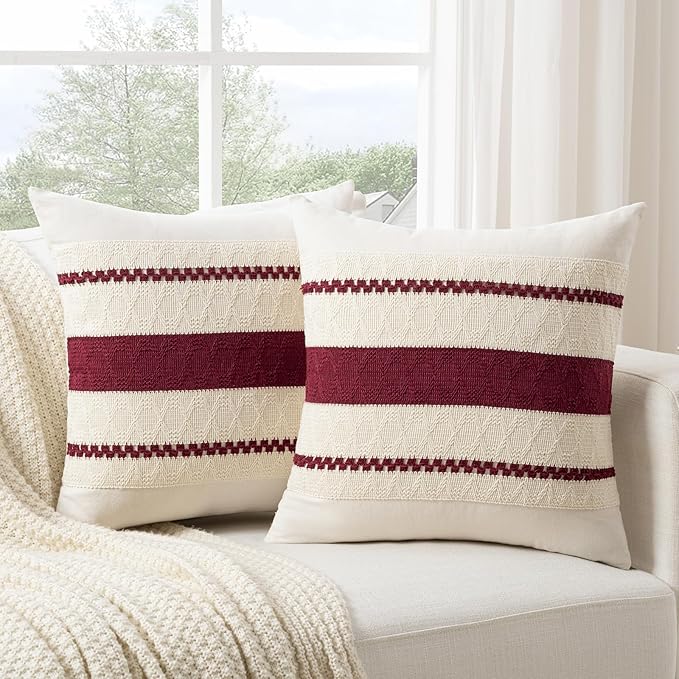 Fancy Homi Set of 2 Burgundy Boho Decorative Throw Pillow Covers 22x22 Inch for Couch Bed Sofa, Aesthetic Modern Farmhouse Christmas Room Decor, Soft Cotton Cute Textured Wind Red Cushion Case