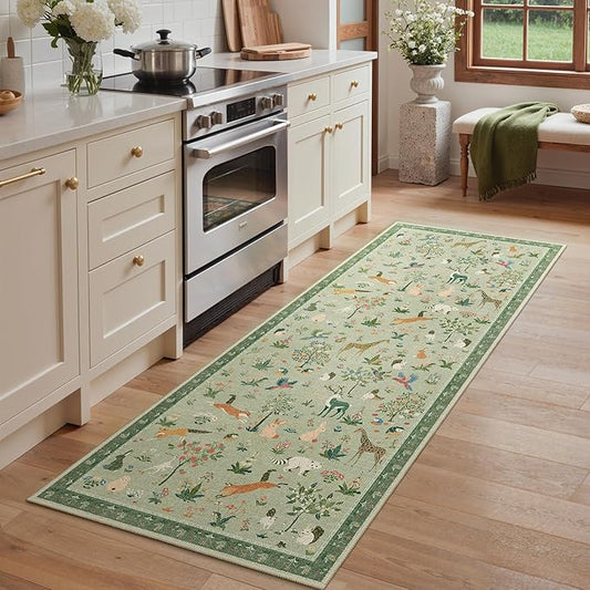 Runner Rug Non Slip 2'6''x 6', Floral Animal Print Rug Machine Washable Rug, Non Slip Low Pile Hallway Runner Carpet for Kitchen, Laundry, Bedroom, Bathroom, Light Green
