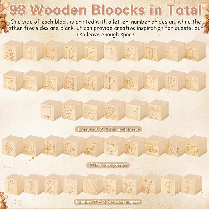 Marsui 136 Pcs Baby Shower Blocks to Decorate Game Kit Includes 98 Wooden Blocks, 36 Markers, 1 Game Sign, 1 Storage Box for Baby Shower Gender Reveal Activity Party Decorations(Brown Bear)