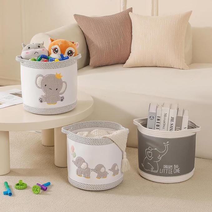 3-Piece Woven Baby Toy Blanket Storage Baskets Laundry Hampers, Elephant Design Foldable Nursery Organizer for Toys Clothes Stuffed Animals, Roomy Sturdy Hamper for Baby Gift Nursery Decor Basket