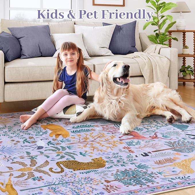 OJIA Animal Kids Room Rugs Washable Area Rug 8x10 Nursery Rug, Boho Rugs for Living Room Playroom 8 x 10 Bedroom Carpet, Non-Slip Ultra-Thin Indoor Large Floor Carpet for Dining Room Farmhouse