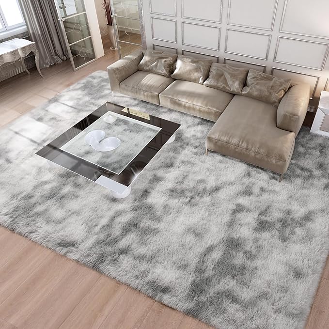 Merelax Soft Area Rugs for Livingroom Bedroom, Shaggy Plush Fuzzy Fluffy Carpet Furry Fur Rug, Modern Indoor Comfy Nursery Kids Dorm Home Decor Floor Mat, 9 x 12 ft, Tie-Dyed Light Grey