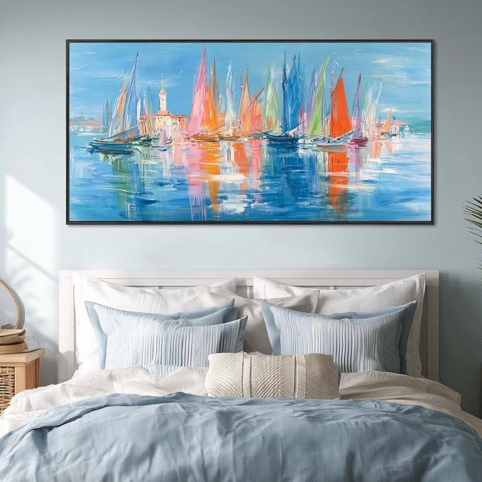 Large Framed Nautical Wall Art, Living Room Modern Coastal Wall Decor, Abstract Sailboats Seascape Paintings, Canvas Prints, Colorful Venice Coastal Scene Seaside Bedroom Bathroom Artwork, 16x30inch