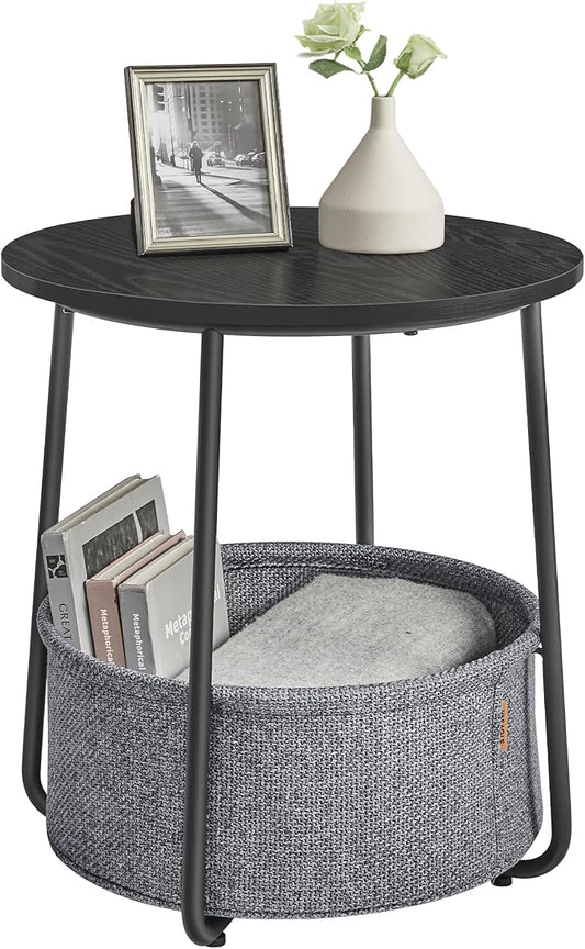 VASAGLE LILEA Collection - Small Round Side End Table, Modern Nightstand with Fabric Basket, Ebony Black and Slate Gray ULET223B01
