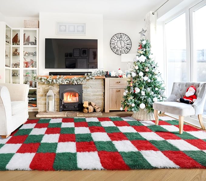 KICMOR Christmas 8x10 Area Rugs Living Room Carpet, Large Fluffy Red Green White Checkered Shag Rug for Bedroom, Big Fuzzy Soft Plush Shaggy Carpets for Kids Boys Girls Room Nursery Holiday Decor