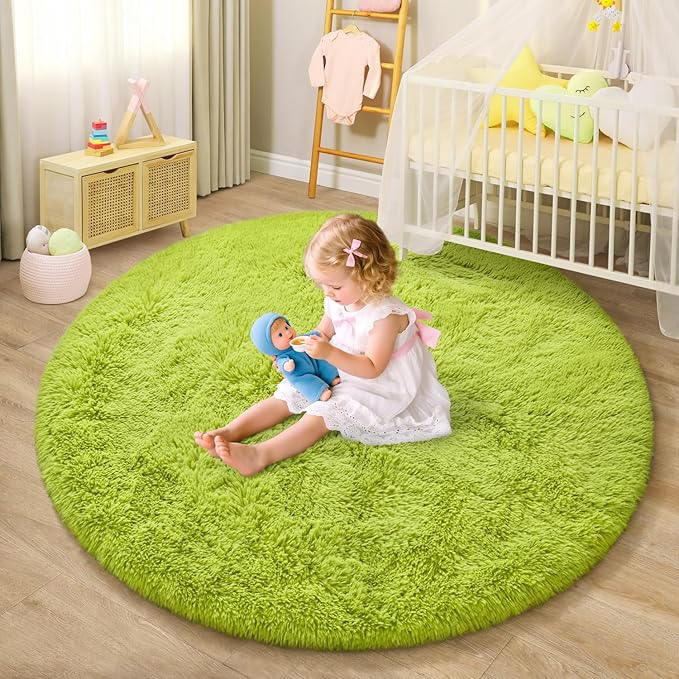 EVOIONOS Green Grass Round Rug for Bedroom, 4x4 Ft Fluffy Soft Circle Area Rugs for Living Room, Plush Shaggy Circular Carpet for Indoor Floor Bedside Girls, Machine-Washable Home Decor Aesthetic