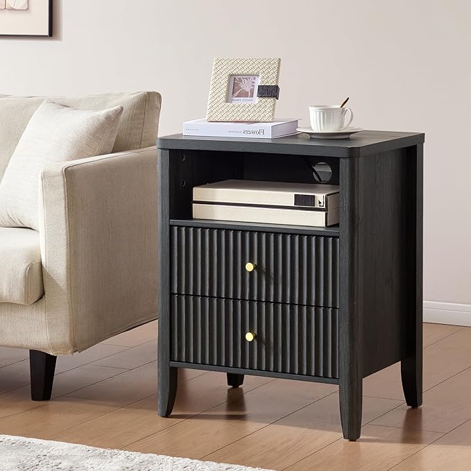 Fluted Nightstand with Charging Station, 21" Wide Modern Bedside Table with 2 Drawers & Open Shelf, Wood End Table with Storage & Metal Handle for Bedroom, Small Spaces, Black