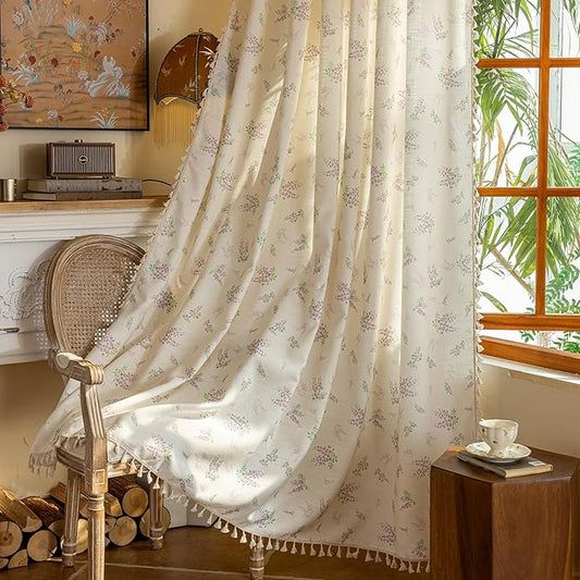OYX Purple Boho Floral Curtains 63 Inch Length 2 Panels for Living Room, Bedroom Light Filtering Drapes, Farmhouse Country French Rustic Tassels Patterned Rod Pocket Aesthetic Decor Window Treatments