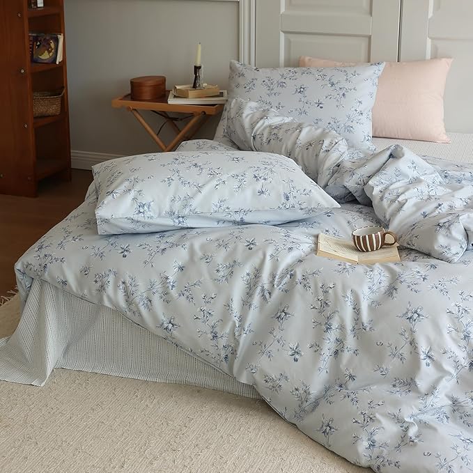 LifeTB 3 Pieces Duvet Cover Twin XL Blue Floral Print Duvet Cover Coquette Bedding Set Vintage Flower Duvet Cover Soft Cotton Comforter Cover Boho Cottagecore Duvet Cover with Zipper Closure
