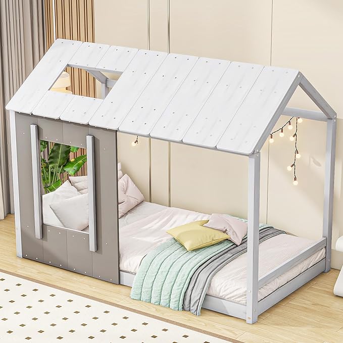 Twin Size House Platform Bed with Roof and Window,Modern Bedroom Wood Bed Frame W/No Box Spring Required,Easy to Install,for Girl Boy Kid,White+Antique Grey