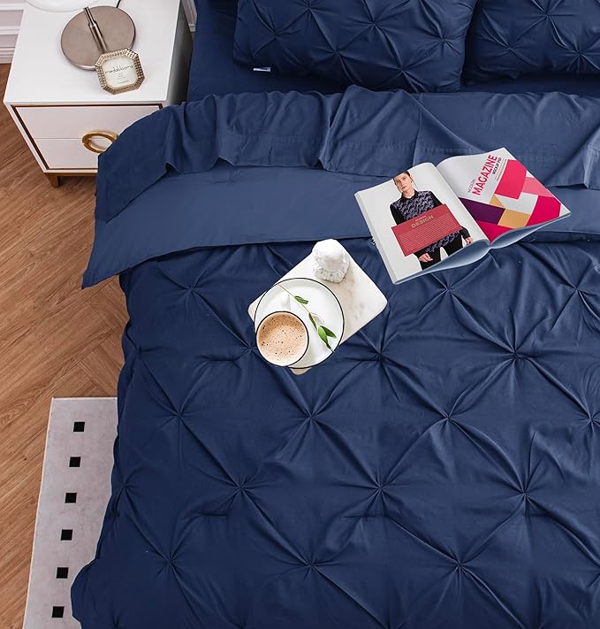 LANE LINEN Twin Comforter Set, 5 Piece Twin Bedding Sets, Pintuck Twin Size Bed Set, Pinch Pleated Twin Bed in a Bag Set, Twin Bed Comforter Set with Sheets, Pillowcase & Sham - Navy Blue