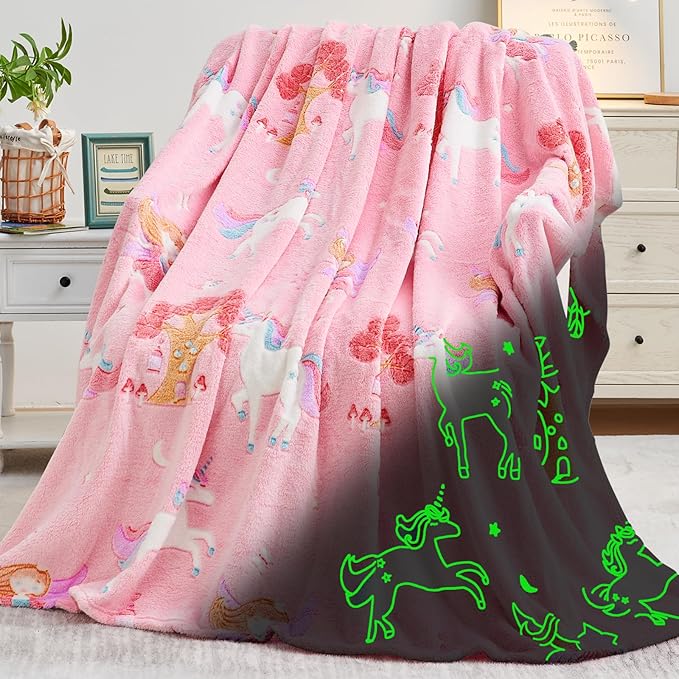 inhand Unicorn Toys Glow in The Dark for Blanket,Unicorn Gifts for Girls Age 1 2 3 4 5 6 7 8 9 10 11 12 13 Birthday Halloween Christmas Cute Soft Room Decor Kids Blanket Pink 50"X60"