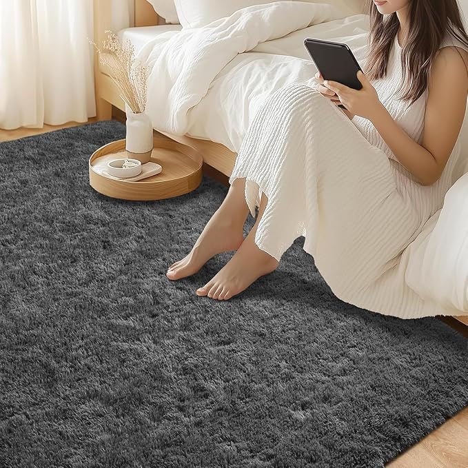 Merelax Modern Soft Fluffy Large Shaggy Rug for Bedroom Livingroom Dorm Kids Room Indoor Home Decorative, Non-Slip Plush Furry Fur Area Rugs Comfy Nursery Accent Floor Carpet 4'x6' Dark Grey