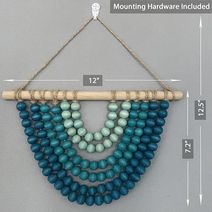 Boho Ombre Wood Bead Wall Hanging, Handmade Unique Giant Art Decor for Bedroom, Nursery, Living Room, or Entryway (Curve Coastal Blue Gradient, 12 Inches)