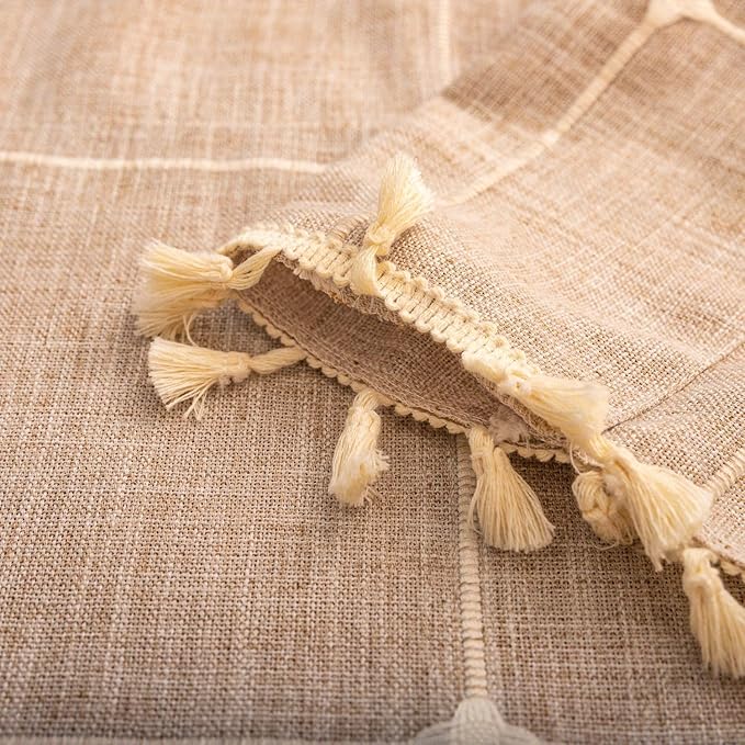Deeprove Boho Curtain Valance 18 Inches Length Bohemian Lattice Gingham Textured Embroidery Plaids, Vintage Chic Tassels Antique Decor Drapes Rod Pocket, 1 Panel W52 x L18, Natural Linen