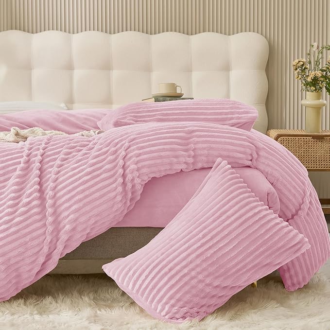JELLYMONI Plush Duvet Cover Set - King Size Pink Striped Fluffy Comforter Cover 3pcs Bedding Set Luxury Ultra Soft Faux Fur Duvet Cover with Zipper and 2 Pillowcases (NO Comforter)