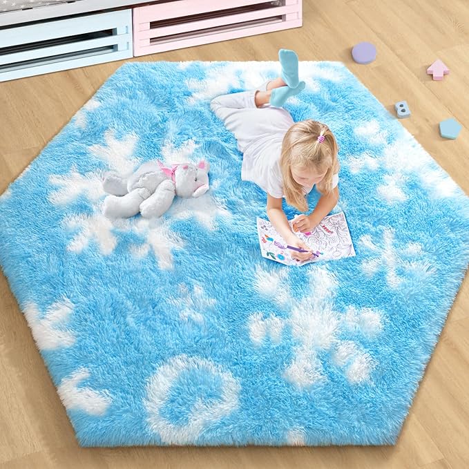 EVOIONOS Forzen Princess Tent Rug, 4x4.6 Feet Frozen Rugs for Girls Bedroom, Fluffy Snowflake Rug for Frozen Room Decor, Plush Carpet for Kids Room Playroom Nursery Decor, Cute Hexagon Blue Rugs