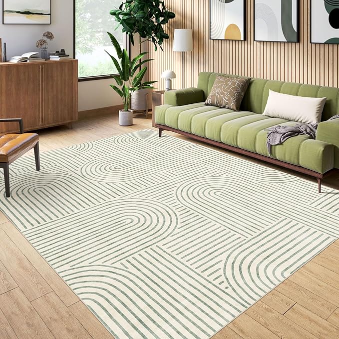 Washable Area Rug 5x7 - Boho Living Room Rug Soft Indoor Carpet Ultra-Thin Sage Green Modern Abstract Rainbow Rugs for Bedroom Dining Room Nursery Classroom Home Decor