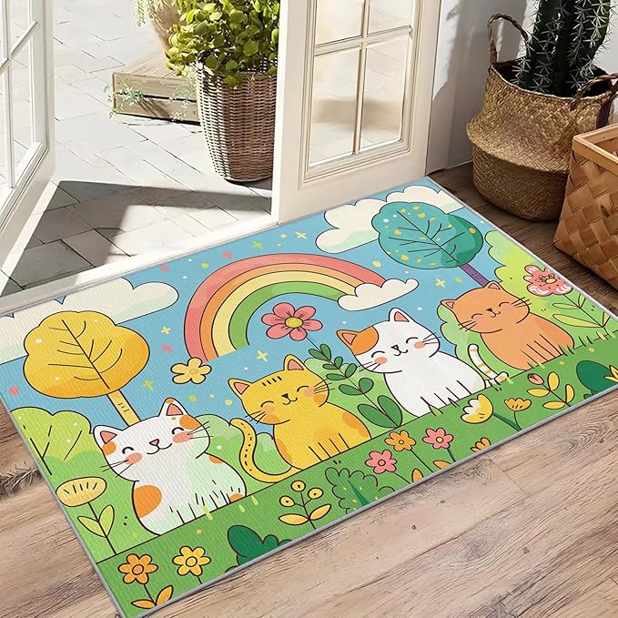 Cat Rug for Bedroom - Cute Kawaii Kitten Area Rug 5x8 - Washable Non Slip Soft, Cat Lovers Cartoon Rainbow Rugs for Living Room, Kids Baby Nursery Playroom Carpet, Cats Home Decor & Gifts