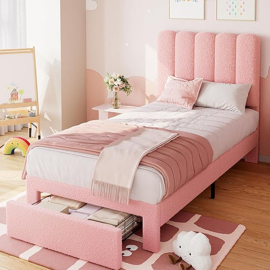 IDEALHOUSE Twin Bed Frame with Storage Drawer and Headboard, Boucle Upholstered Twin Platform Bed Frame for Girls, Strong Wooden Slats Support, Noise-Free, Easy Assembly (Boucle Pink)