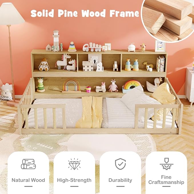 KOMFOTT Twin Floor Bed with Bookcase & Shelves, Wood Bed Frame with Bedside Bookshelves & Guardrails, Versatile 2-in-1 Montessori Floor Bed for Kids (Twin,Natural)