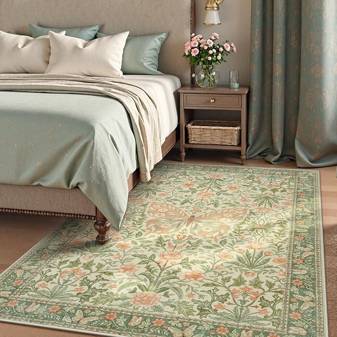 Collive Washable 6x9 Butterfly Area Rug, Boho Floral Rugs for Girls Room, Soft Non Slip Ultra Thin Insect Floor Carpet for Bedroom Living Room Playroom Nursery, Grass Green