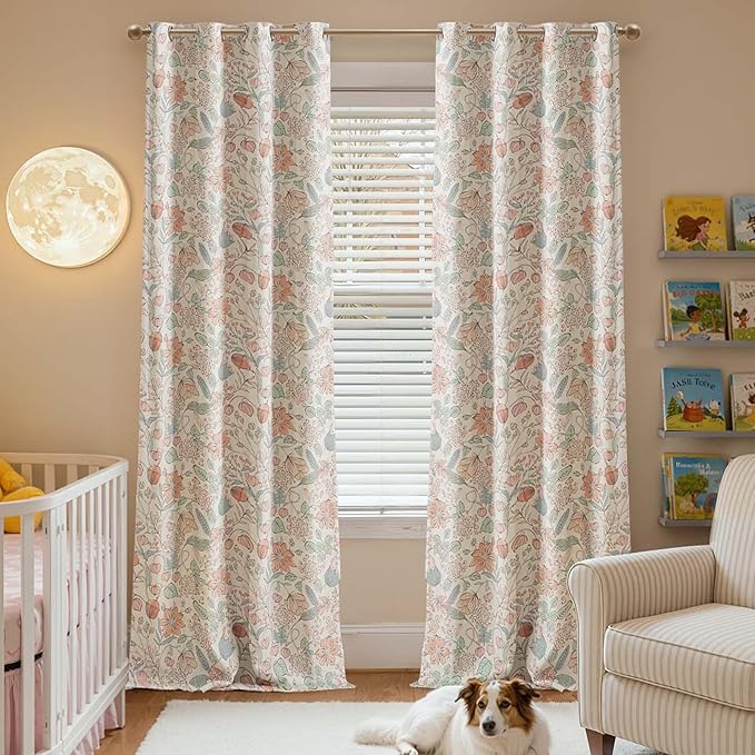 jinchan Nursery Curtains 95% Blackout Pink Floral Curtains for Girls Room, 96 Inch Length Farmhouse Drapes for Bedroom Living Room Darkening Window Treatment Grommet Top Set of 2 Panels