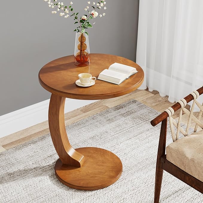Tribesigns Small Round End Table for Living Room, C-Shaped Sofa Side Table for Couch, Retro Boho Bedside Nightstand, Brown