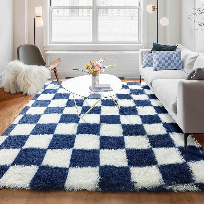 KICMOR Living Room Rug 5x7 Checkered Fluffy Area Rug, Navy Blue and Cream White Fuzzy Shag Shaggy Bedroom Carpets, Soft Plush Indoor Floor Rug for Kids Boys Girls Room Nursery Playroom Home Decor