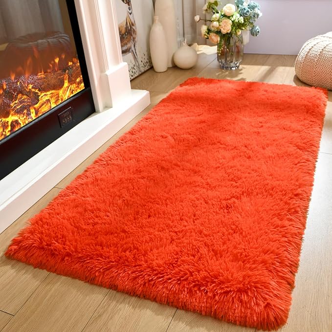 Merelax Fluffy Rug Shaggy Area Rug, Orange Red 2x4 Small Rugs for Fireplace Holiday Dearations, Mini Fuzzy Plush Kids Bedside Rug, Soft Non-Slip Entryway Throw Rugs Shag Catpet for Living Room