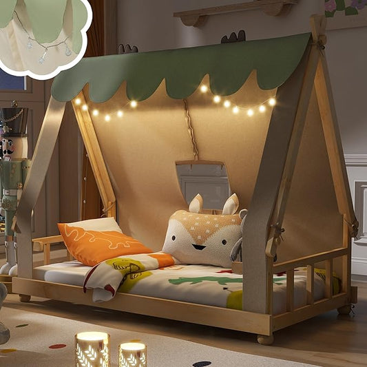 Montessori Floor Bed Twin with Tent & Light, Wood Twin House Beds for Kids, DIY Playhouse, Low-Profile Teepee Bed, Playful Indoor Adventure & Sleep for Girls Boys,Natural+White
