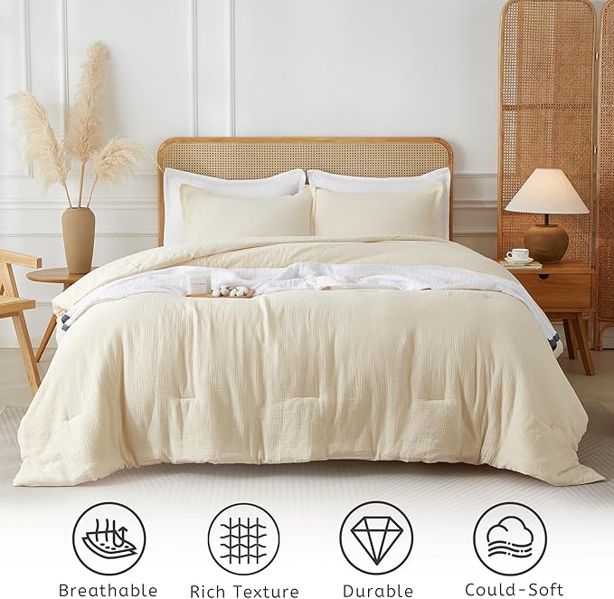 Muslin Comforter Set King Size, Cotton Cover & Polyester Filling, Breathable & Linen Like & Suitable for All-Season Use,3 Pieces(1 Comforter 104"x90", 2 Pillow Shams 20"x36"), Off White