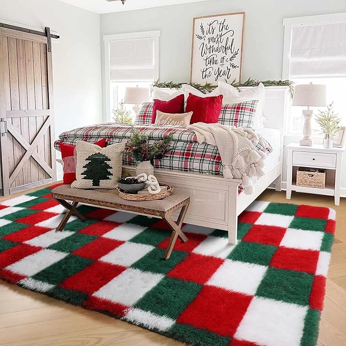 KICMOR Living Room Christmas Rugs 6x9, Large Fluffy Soft Red Green White Checkered Area Rug Big Fuzzy Plush Shag Shaggy Floor Carpets for Bedroom Teen Kids Boys Girls Room Nursery Holiday Home Decor