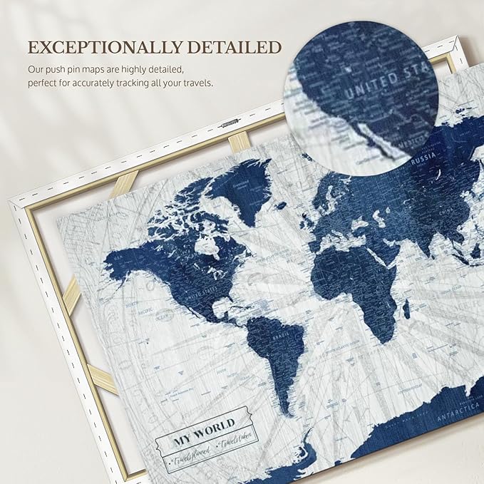 ElephantStock - My World Push Pin Map V Wall Art - Horizontal Canvas Wall Art - Living Room Wall Decor - Unique Map Canvas Art - Gray And Blue Decor - 51" x 34"