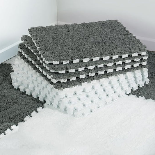 12 pcs Plush Puzzle Foam Floor Mat for Kids- Thick Interlocking Fluffy Tiles with Border Square Rug Split Joint Soft Climbing Carpet Mats Shaggy Area Rug for Room Floor(11.8'', White & Gray)
