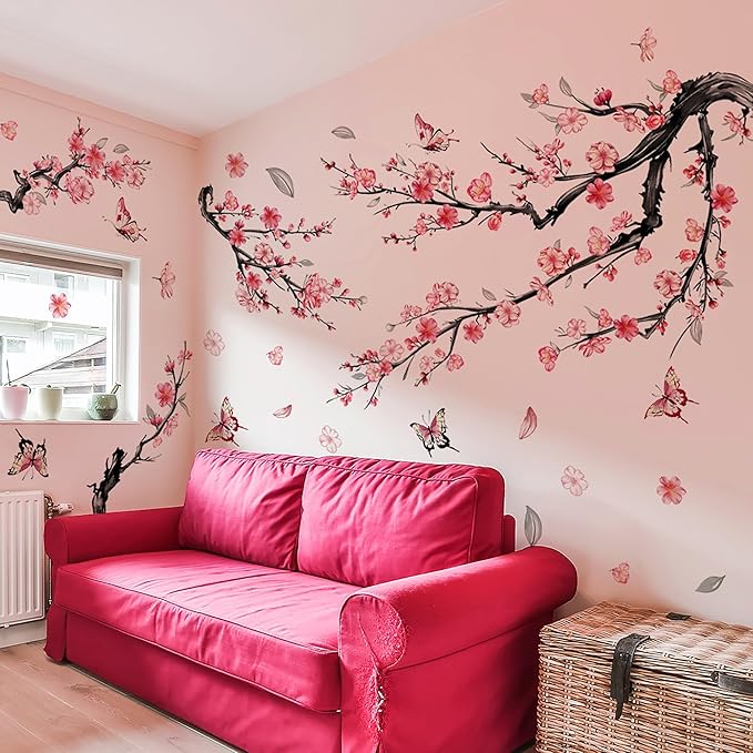 Cherry Blossom Wall Decals, Watercolor Pink Flower Tree Peel and Stick Wall Stickers for Living Room, Bedroom, Sofa, TV Background Home Decor, Nursery, Kids Room Wall Art (Large)