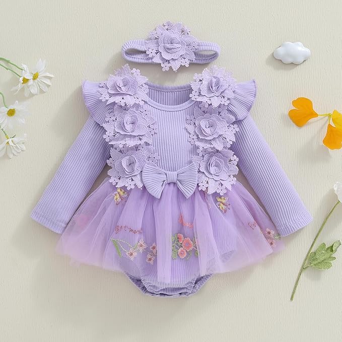 Giraropa Baby Girl Fall Winter Clothes Long Sleeve Romper Dress + Socks + Headband Newborn Infant Cute Casual Outfits