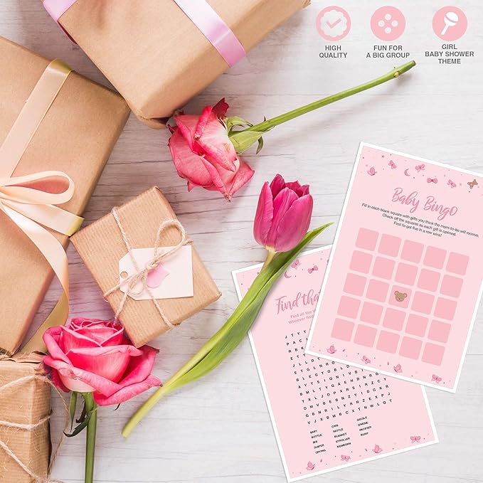 Dessie Baby Shower Games for Girls - Ultimate BabyShower Set - 9 Unique Girl Baby Shower Games, 100 Mini Clothespins, 100 Mini Acrylic Pacifiers, 25 Pens