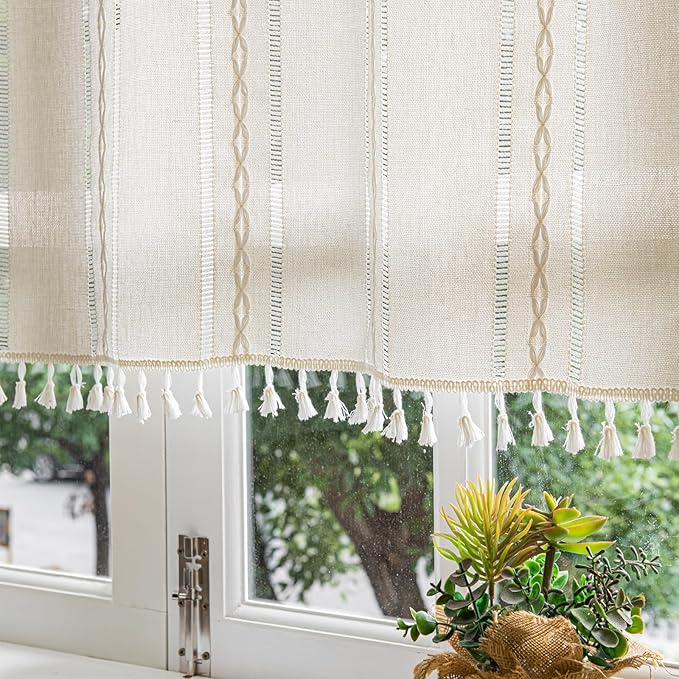 Deeprove Ivory Boho Curtain Valance for Cafe Kitchen Closet Doorway Decor, Sheer Bohemian Farmhouse Cotton Linen Short Panel Tassel Trim Classic Rustic Window Treatments Panel, W52 x L18, 1 Piece