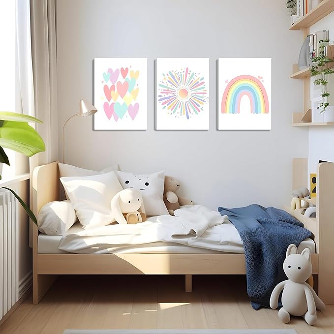 Framed Girls Rainbow Canvas Wall Art Set of 3, Colorful Boho Sun Nursery Wall Decor Painting, Kids Heart Picture Posters Prints for Classroom Kids Room Baby Room Bedroom Dorm Decor 12x16 In