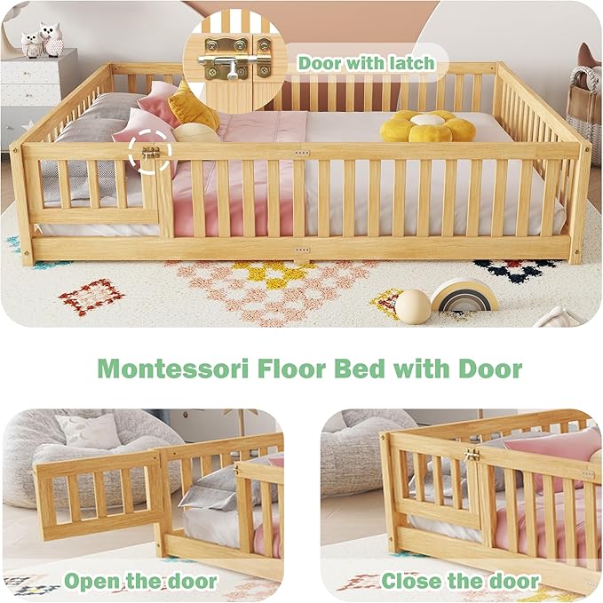 Bellemave Queen Size Floor Bed Frame with Slats and Safety Guardrail, Wood Queen Size Montessori Floor Bed with Door and Fence, Easy Assemble Montessori Beds for Kids, Girls, Boys, Natural