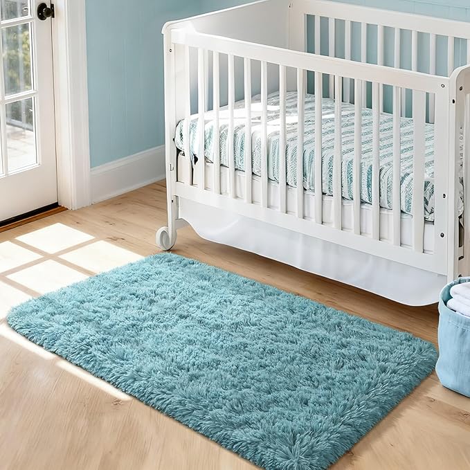 Merelax Modern Soft Fluffy Small Shaggy Rug for Bedroom Livingroom Dorm Kids Room Indoor Home Decorative, Non-Slip Plush Furry Fur Area Rugs Comfy Nursery Accent Floor Carpet 2X4 Feet, Turquoise Green
