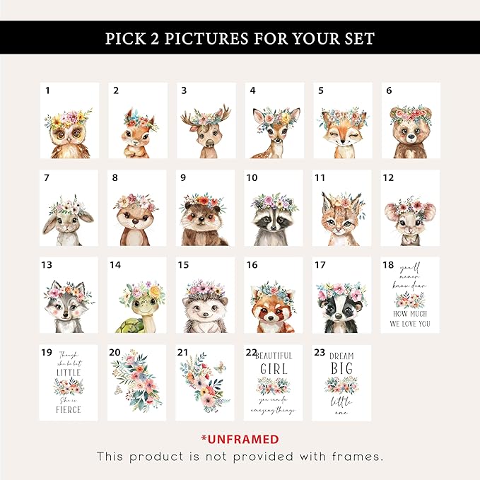 Personalized Flower Woodland Animals for Baby Girl Nursery Bedroom Unframed Poster Prints, Customized Name Cute Animals Wall Art Decor New Baby Girl Gift Present Bear Deer Bunny (17x22, 3 Prints)