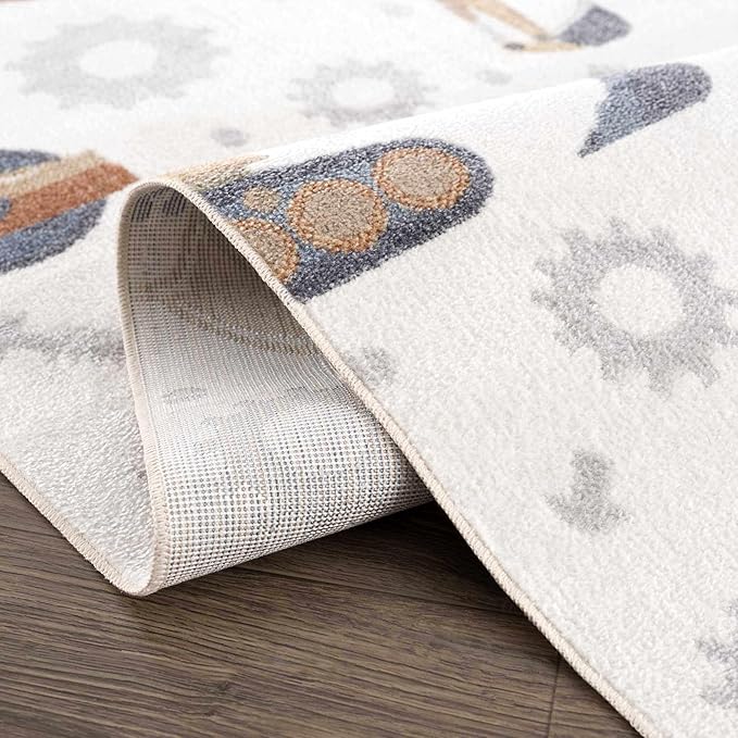 Hauteloom Mochi Kids Room, Nursery Machine Washable Area Rug - Construction Vehicles Machines - Cream, Brown, Beige - 7'10" x 10'