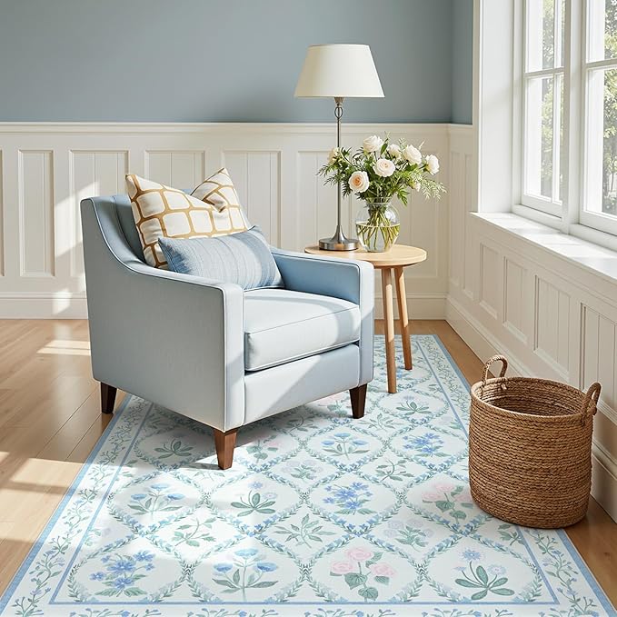 3x5 Baby Nursery Rug, Boho Blue Floral Area Rugs Machine Washable, Soft Ultra-Thin Botanical Carpet Non Slip for Girls Room Bedroom Entryway Playroom Living Room,Blue Multi